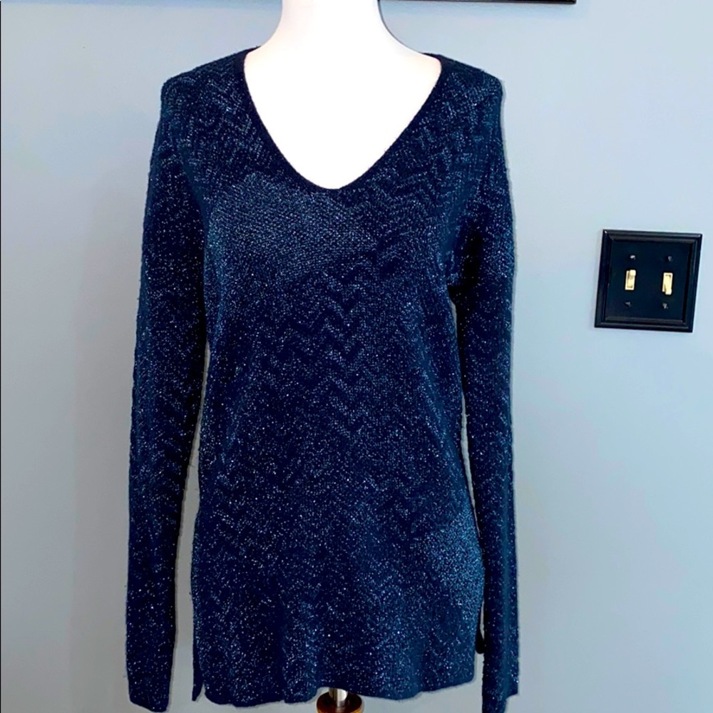 Vera Wang navy metallic vneck sweater xs NWOT